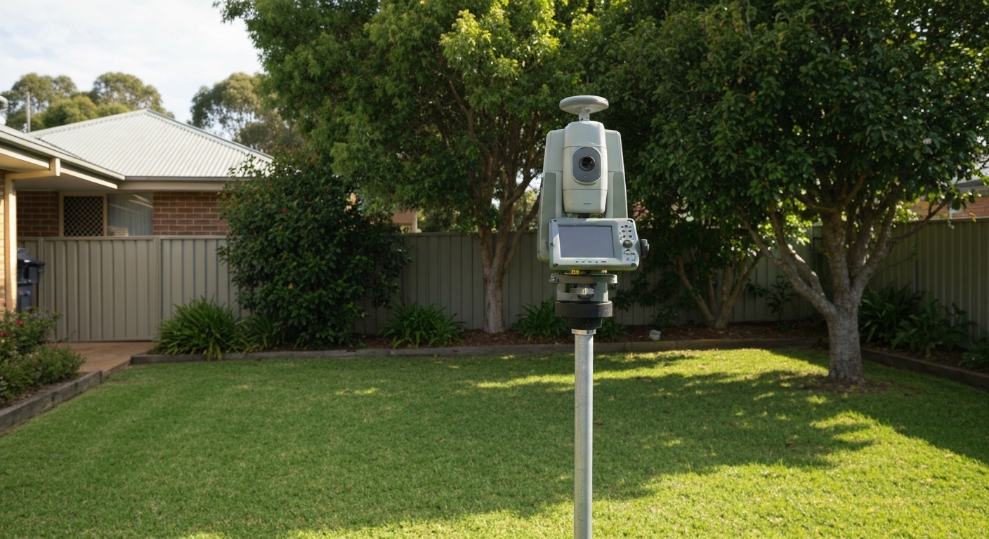 Light grey surveying instrument on a pole in a lawn, with a brick house, a tree and a fence behind